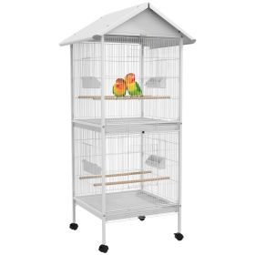 Wrought Metal Bird Cage Feeder 67" H with Rolling Stand Perches Food Containers Doors Wheels White